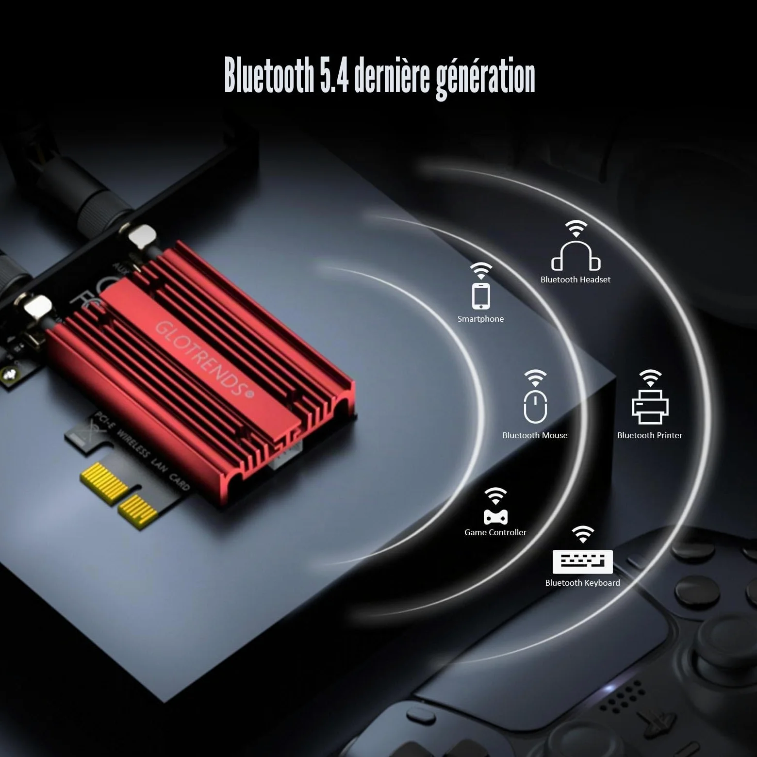 GLOTRENDS Carte WiFi 7 PCIe pour PC de Bureau, Intel BE200, Bluetooth 5.4 | Jusqu'à 5,8 Gbit/s, 320 MHz, 4K-QAM,Tri-bande 2,4/5/6 GHz,Pour Windows 11 24H2+, pas pour les cartes mères AMD