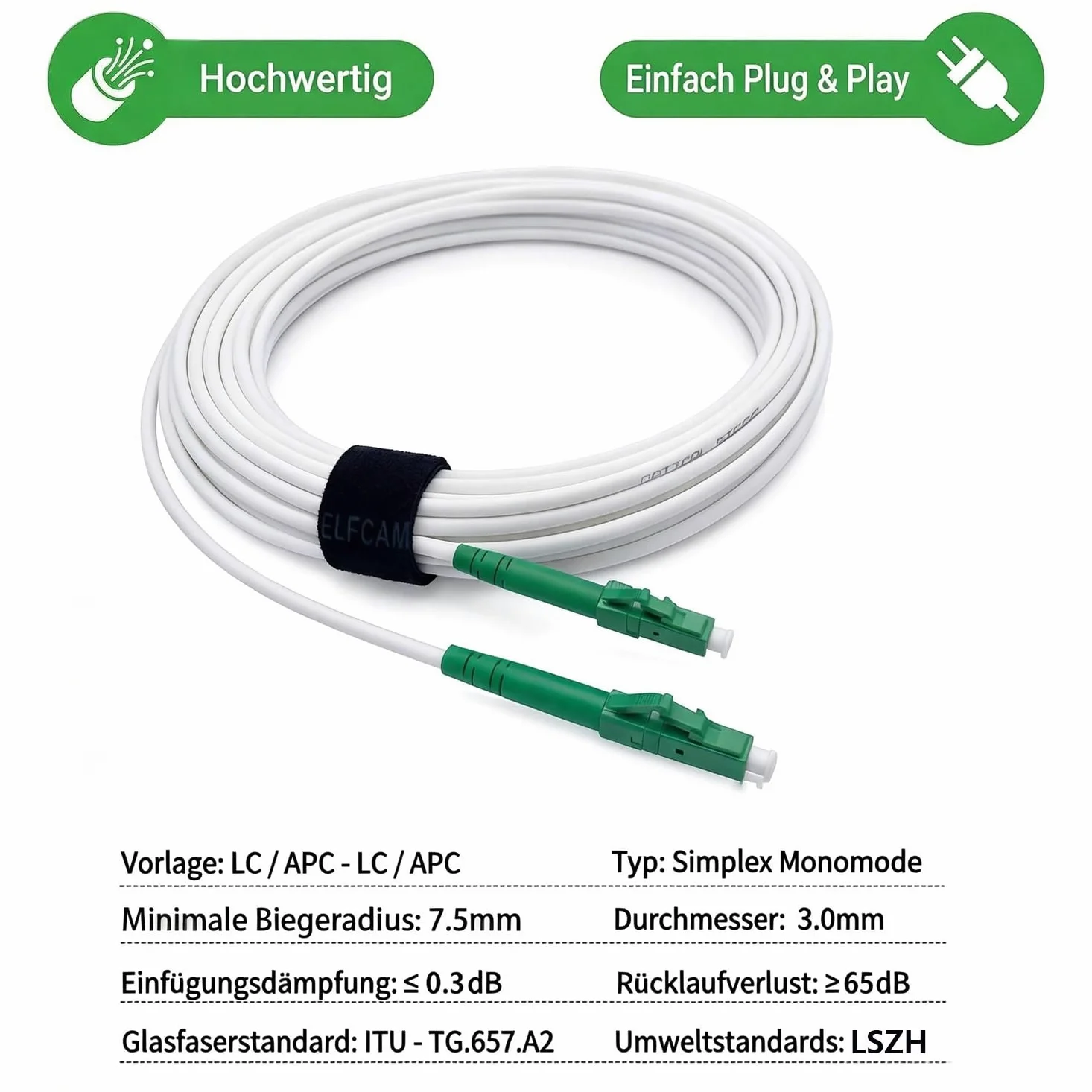 Elfcam® - Câble à Fibre Optique LC/APC à LC/APC Monomode Simplex, 9/125μm Jarretière Optique LSZH Blanc (70M)