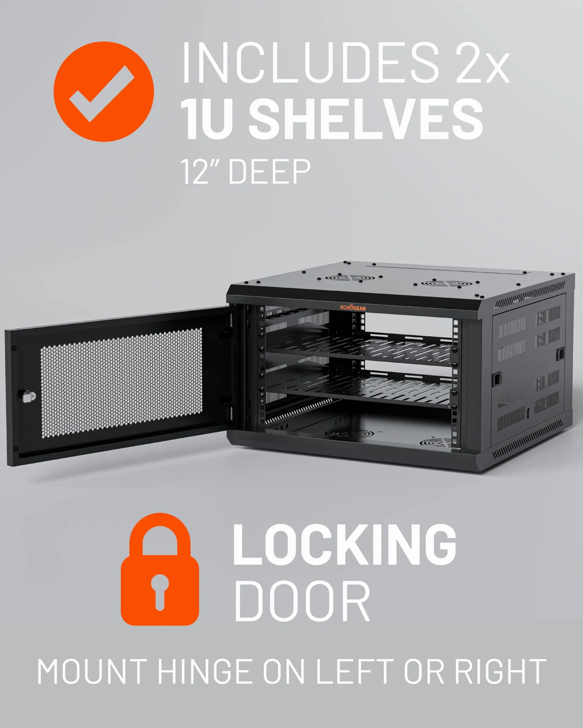 ECHOGEAR Rack réseau 6U – Kit de Montage Mural fermé Comprenant 2 étagères 1U, Ventilateur pré-monté, Porte verrouillable et matériel – Profondeur de 600 mm pour Tous Vos équipements AV