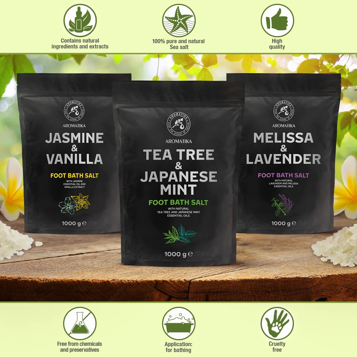 Sel de bain de pieds huile essentielle arbre à thé menthe 1000 g sel de mer naturel soin pieds ongles