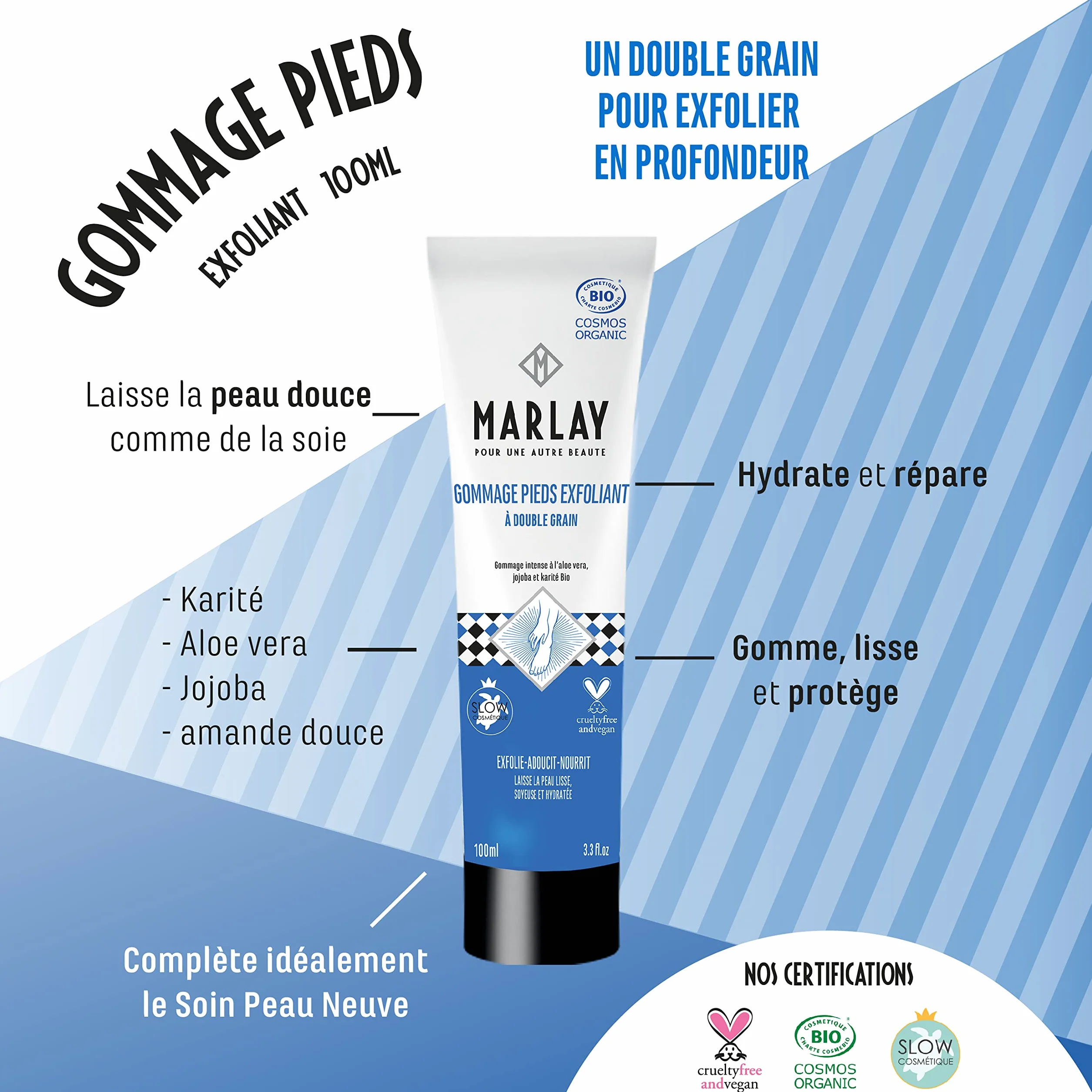 Marlay Cosmetics Gommage Pieds Exfoliant 100 ml Peeling Pied Crème Exfoliante Bio Aloé Vera Beurre Karité Huile Jojoba