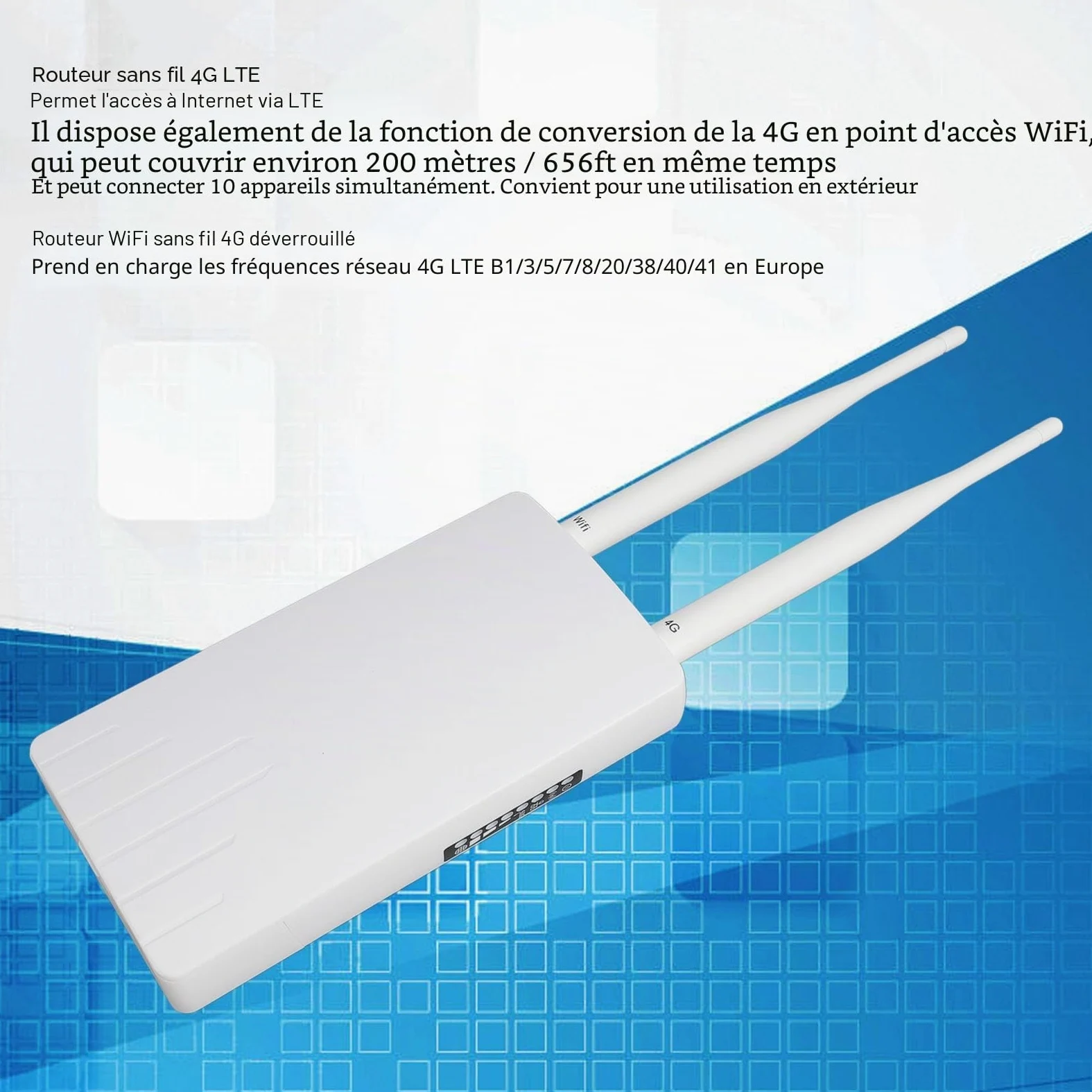 Routeur WiFi 4G LTE Extérieur POE avec Emplacement Carte SIM et Modem 300 Mbps, 2 Antennes 5 dBi, Mobile WiFi