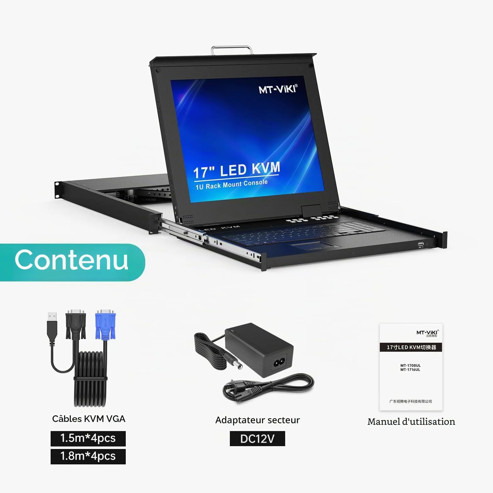 MT-VIKI 1U 17 pouces LCD Console KVM 8 ports KVM VGA Switch Rackmount avec console intégrée pour armoire 1U 600-800mm Touchpad clavier tiroir Hotkey OSD