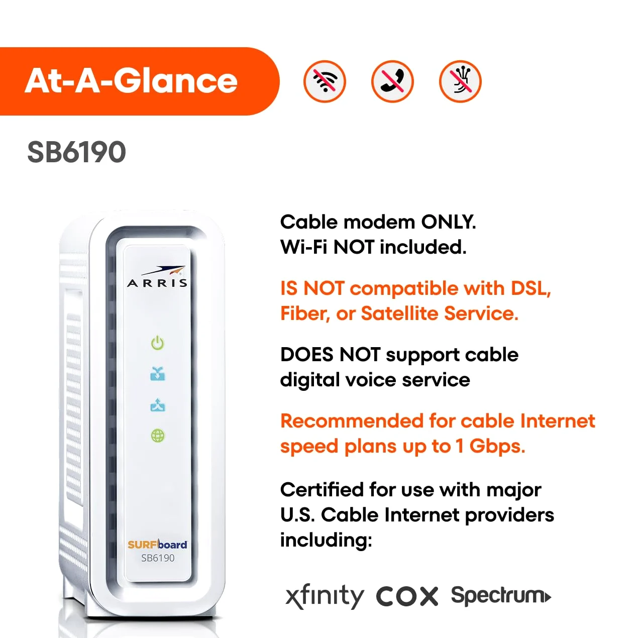 Arris SB6190 modem - Modems (1000 Mbit/s, 1400 Mbit/s, 0 - 40 °C, 5 - 95%, -40 - 70 °C, AC/DC)
