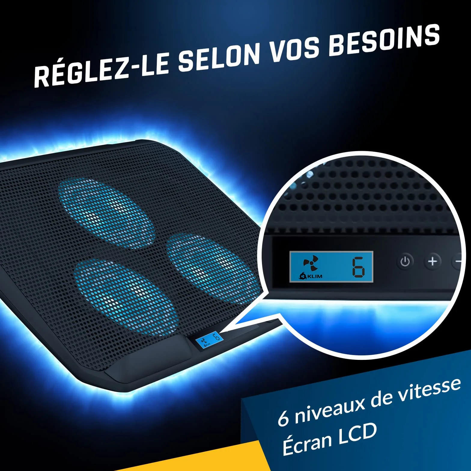 KLIM KN02 Refroidisseur PC Portable 11-17,3 Pouces 3 Ventilateurs 1500 RPM Support + Grille métallique