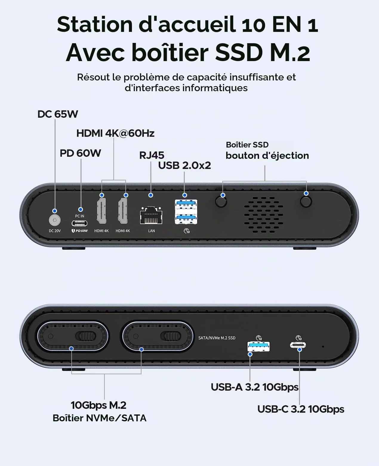 Station d'accueil ORICO 10-en-1 USB-C avec Double Boîtier SSD M.2 NVMe/SATA, USB 10Gbps, Double HDMI 4K@60Hz, PD 60W, RJ45 - pour MacBook Pro/Air (PTM2)