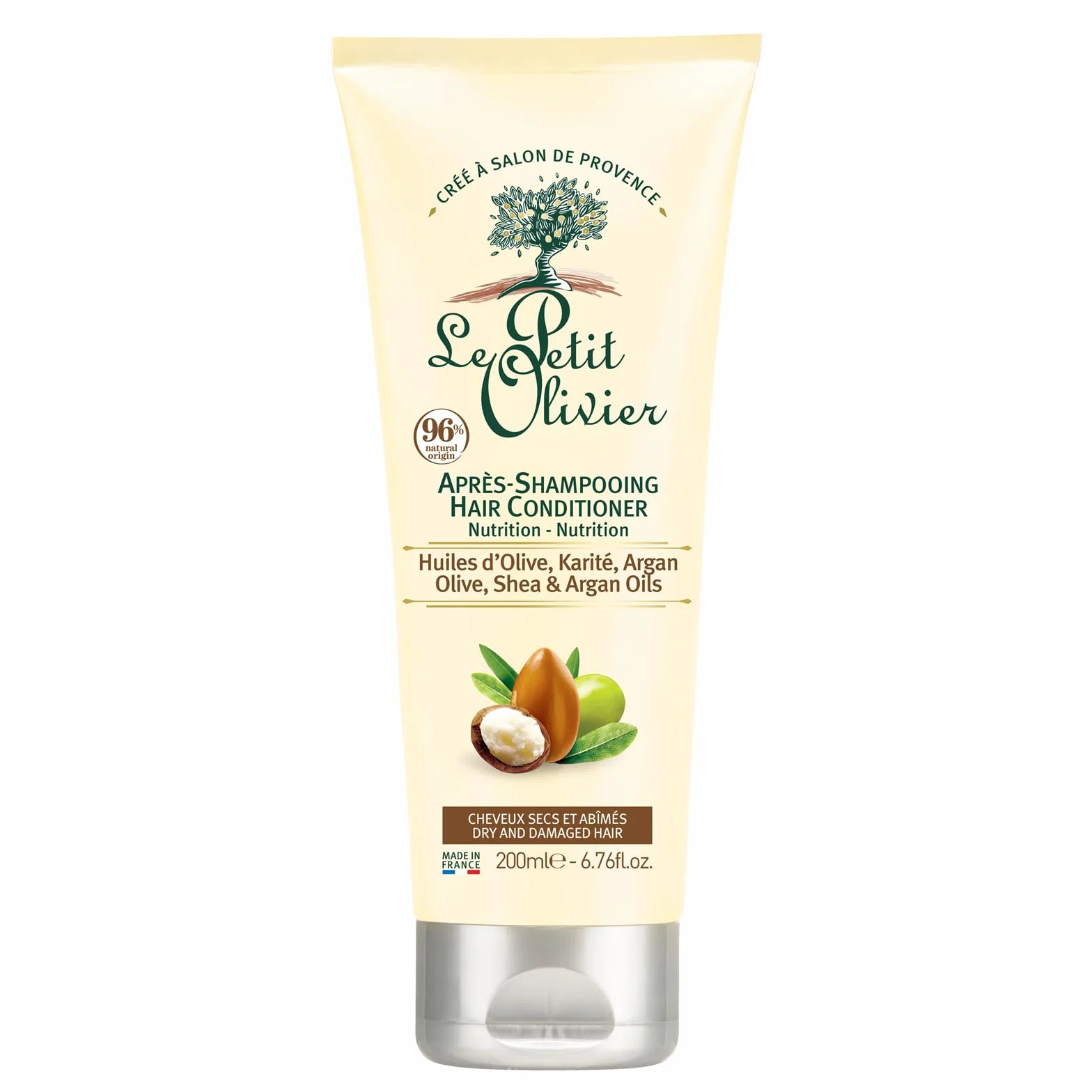 LE PETIT OLIVIER Après-Shampooing Crème Soin Nutrition Huiles d'Olive Karité Argan Cheveux Secs Abîmés Sans Silicone Sans Sulfate 200 ml