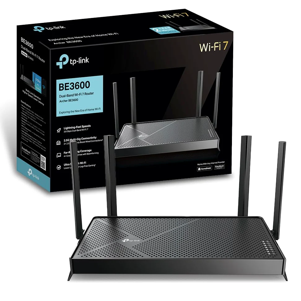 TP-Link Archer BE3600 Routeur WiFi 7, Vitesse jusquà 3,6 Gbit/s, bi-Bande, 2 Ports 2.5G, USB 3.0, 4 antennes à Haute Performance, EasyMesh, WPA3, Contrôle Parental, Antivirus intégré