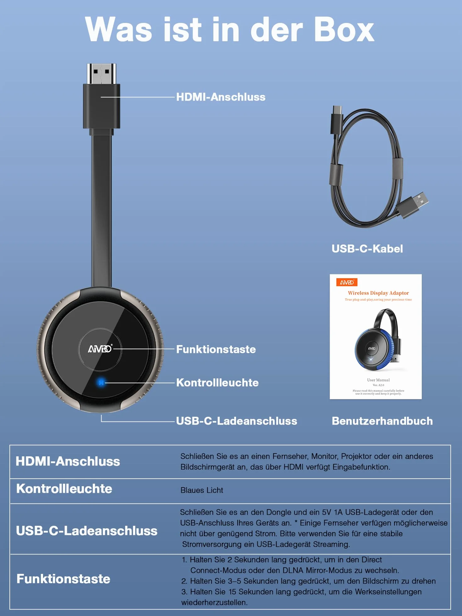 AIMIBO Dongle d'affichage sans fil 4K HDMI Plug & Play 2.4G 5G pour iOS Android Windows Mac OS