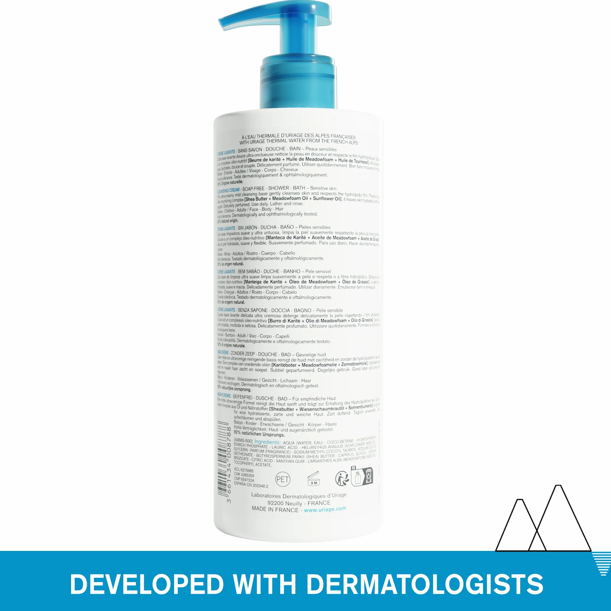 Uriage Crème Lavante Hydratante au Beurre de Karité Gel Douche 2-en-1 Visage Corps Cheveux Sans Savon pH Physiologique