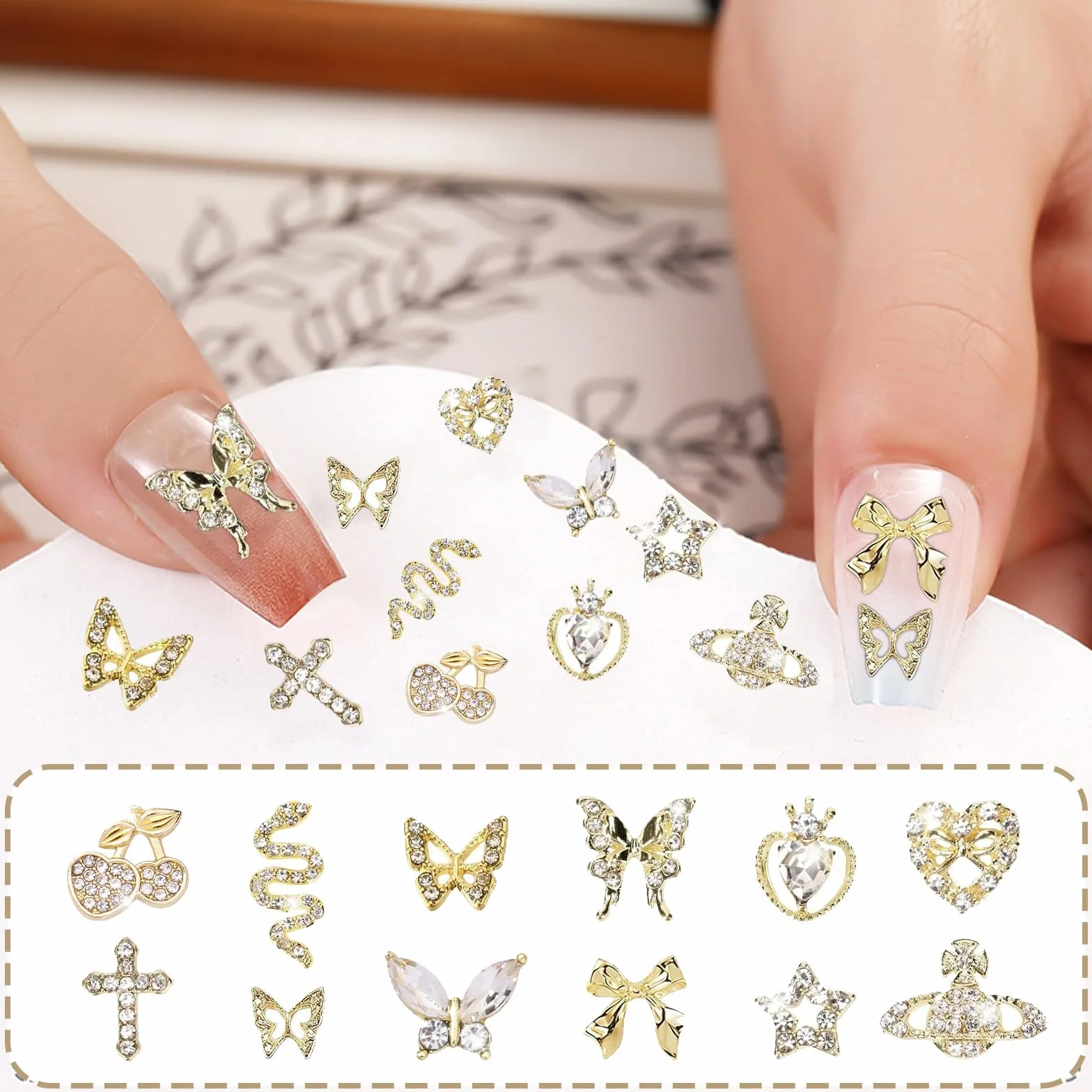 Breloques pour Ongles Y2k, Alliage Coeurs Papillons Noeuds Cerises Strass, Deco Nail Art, 24 PCS