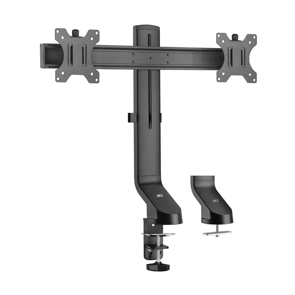 ACT AC8322 Barre transversale de Bras pour écran Double jusqu'à 32", Hauteur réglable avec vis moletée, VESA 75/100 mm, Support de Bureau pour Moniteur, inclinable à 30°, Rotation à 30°, Rotation à