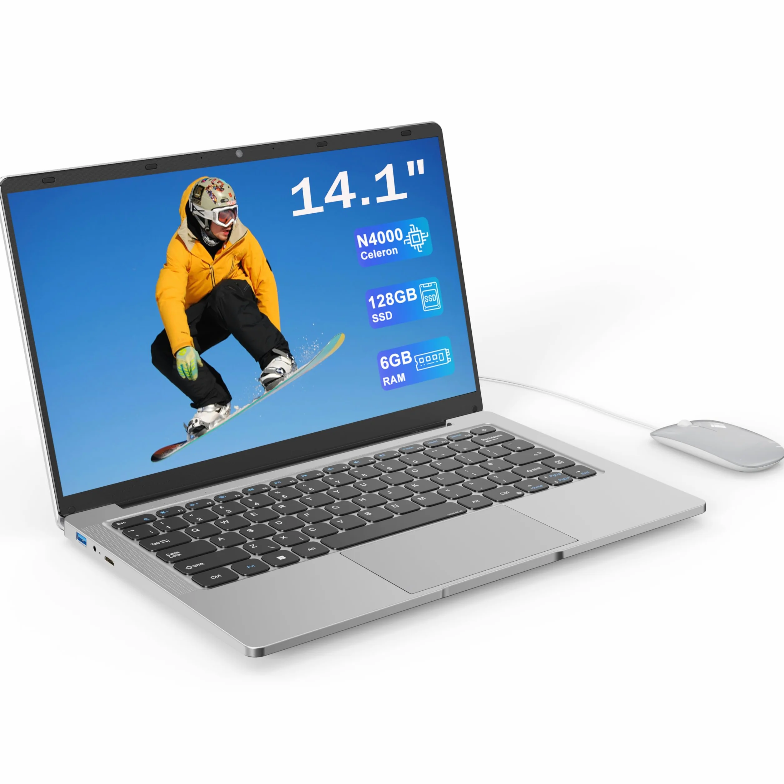 Ordinateur Portable 14,1" HD, 6 Go RAM, SSD 128 Go, Processeur Double Cœur, Wi‑Fi 2,4G/5G & Bluetooth, Design Silencieux Sans Ventilateur, PC Portable Léger avec Souris Offerte & Clavier Confortable