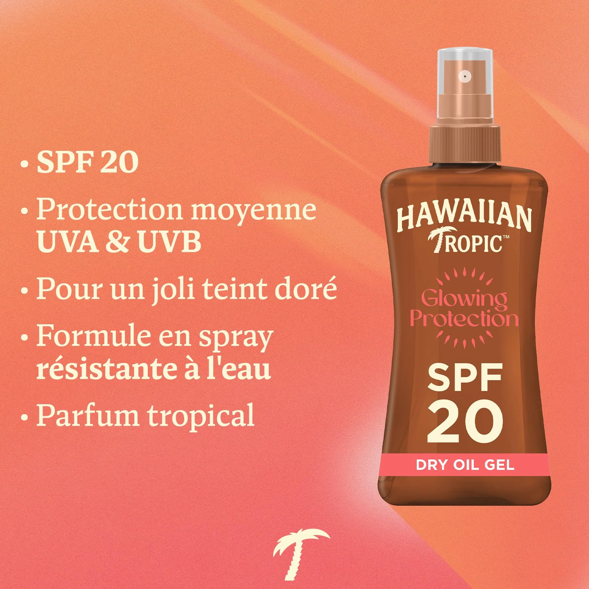 Hawaiian Tropic Glowing Protection Huile Sèche Écran Solaire SPF 20 UVA UVB 200 ml Résistant à l'eau Végan