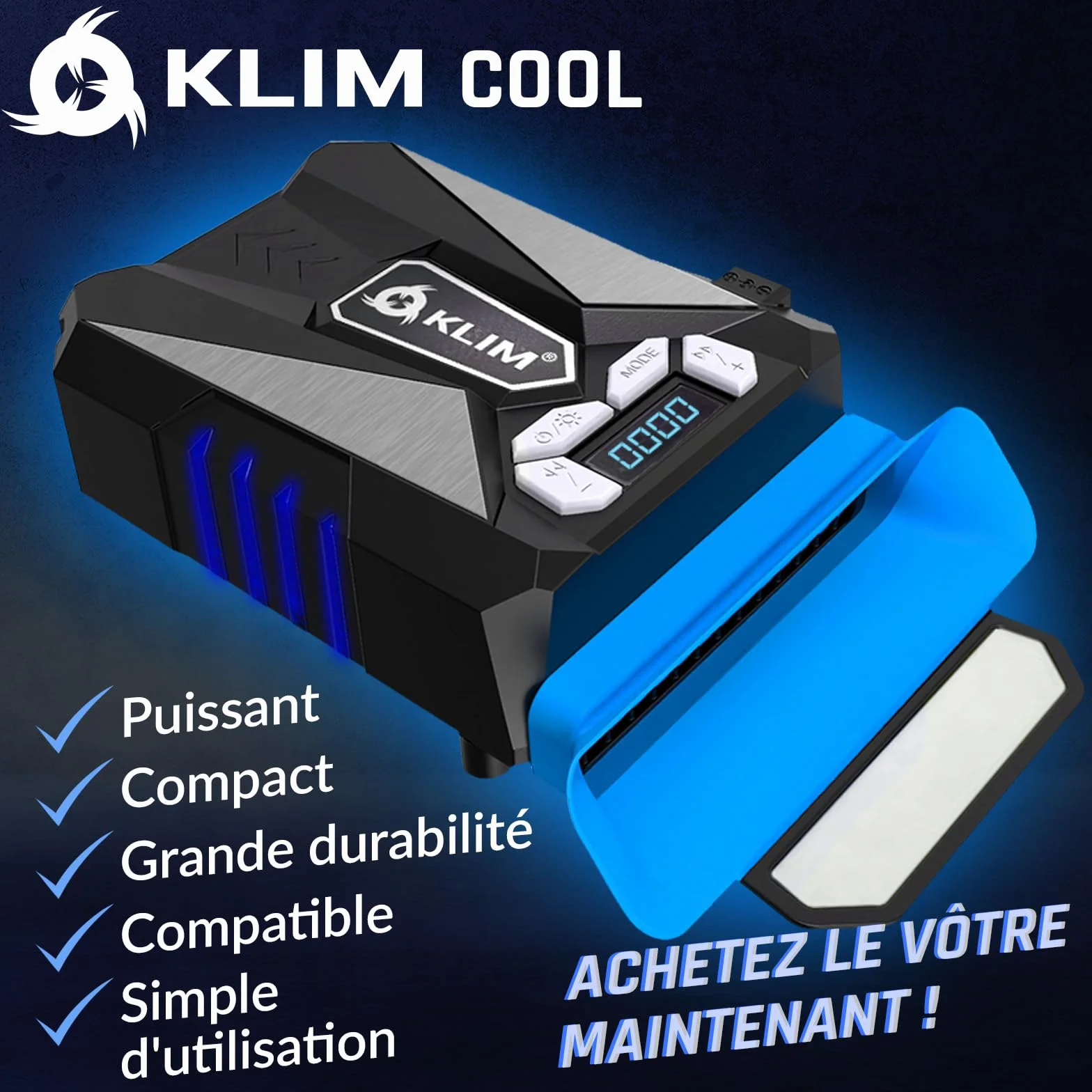 KLIM Cool Refroidisseur PC Ventilo Portable Gamer Ventilateur Haute Performance USB Bleu