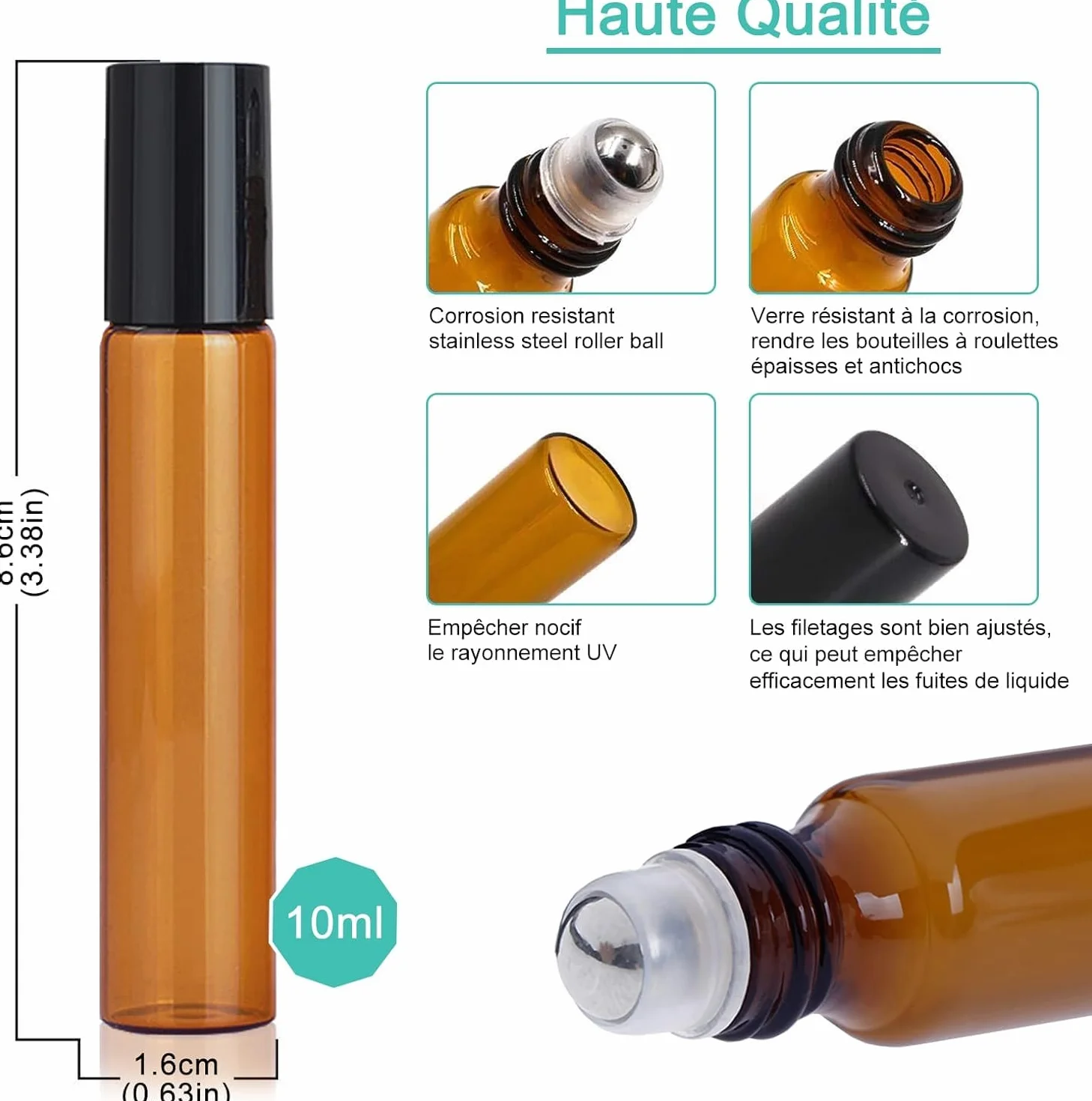 Bouteille Roll On en Verre 10 ml 24PCS Flacon Huile Essentielle Vide avec Bille en Acier Inoxydable