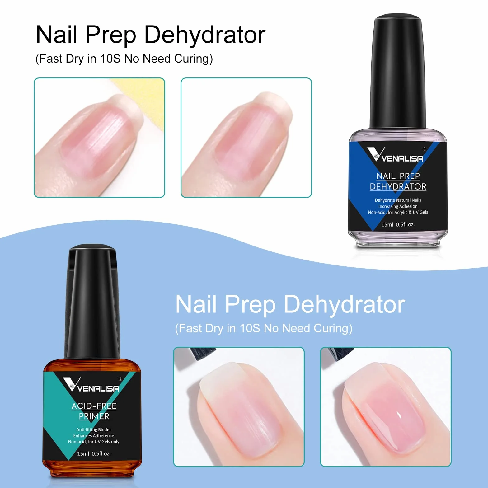 VENALISA Primer Déshydrateur Ongle 15ml*2pcs Set Vernis Semi Permanent UV Poudre Acrylique Nail Prep Manucure