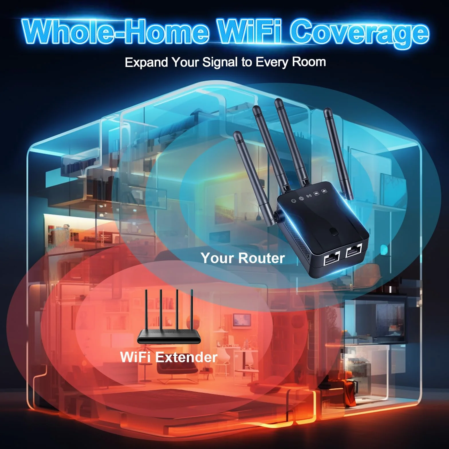 Amplificateur de signal WiFi pour la maison – Extension de portée WiFi 300 Mbit/s avec 4 antennes, couvre jusqu'à 600 m² et 35 appareils, amplificateur WiFi avec mode AP/répéteur, amplificateur