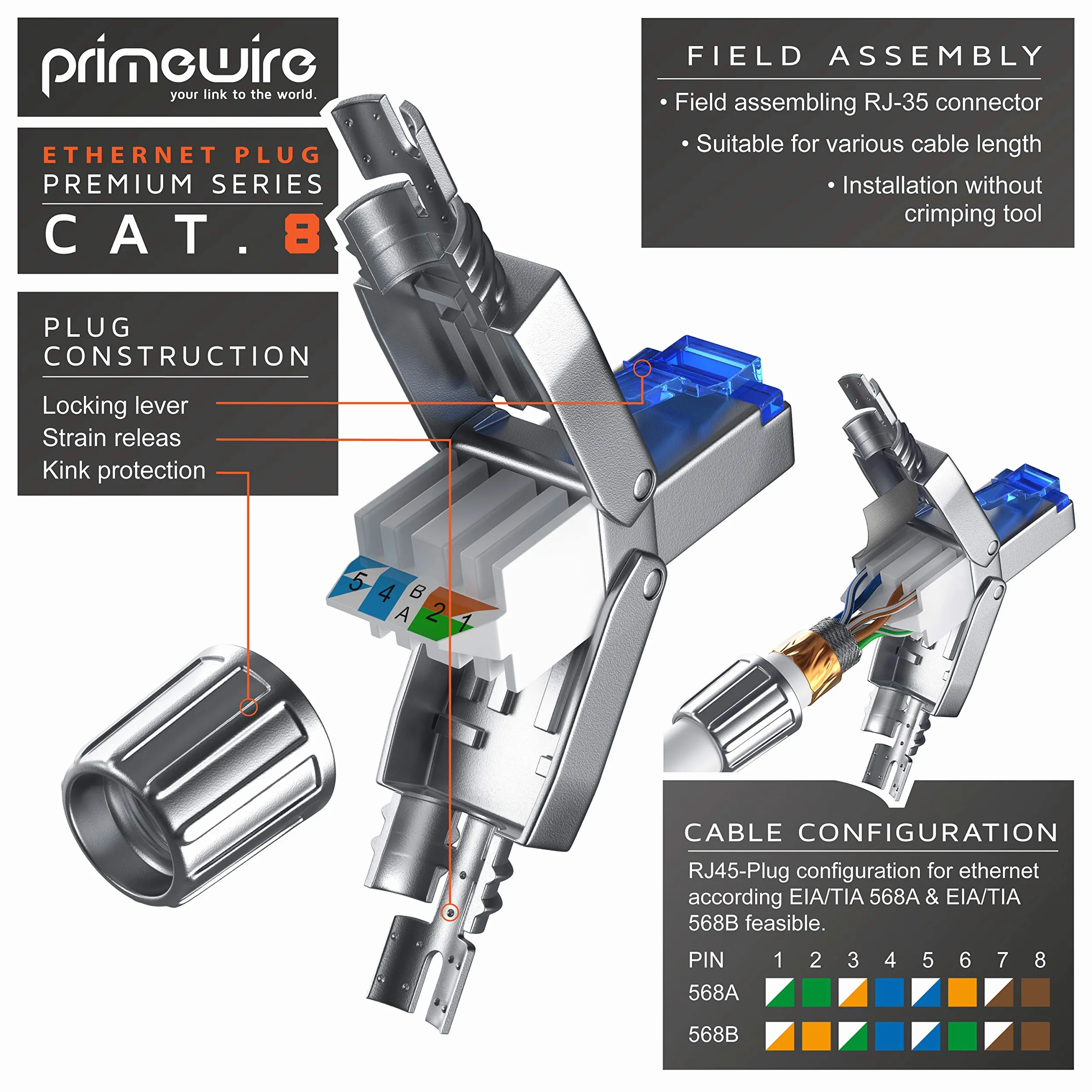 Primewire - 10x connecteurs de sertissage sans Outils RJ45 Cat 6 Cat 7 Cat 8 - connecteur modulaire rj45 - fiche rj45 sans Outil - blindé en Zinc - LAN 40 GBit/s 20000 MHz - TIA-568A, B - 23, 26 AWG