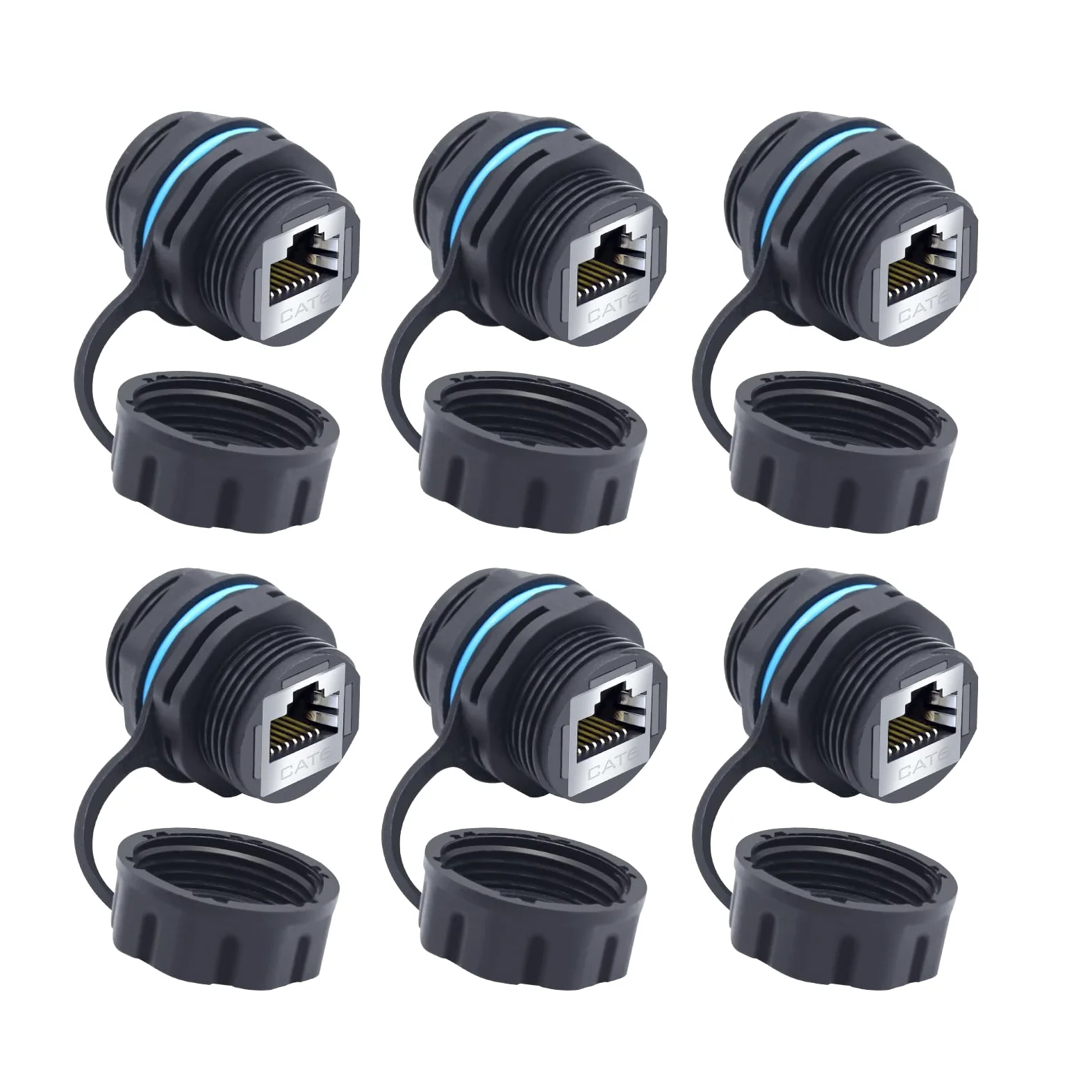Lot de 6 connecteurs RJ45 CAT6 étanches blindés Cat5/5e/6 femelle vers femelle 8P8C Ethernet LAN adaptateur double tête avec bouchon étanche/anti-poussière