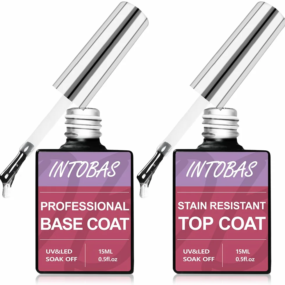 INTOBAS Base et Top Coat Vernis Semi Permanent 2x15ML Kit UV LED Gel Manucure Longue Durée Nail Art