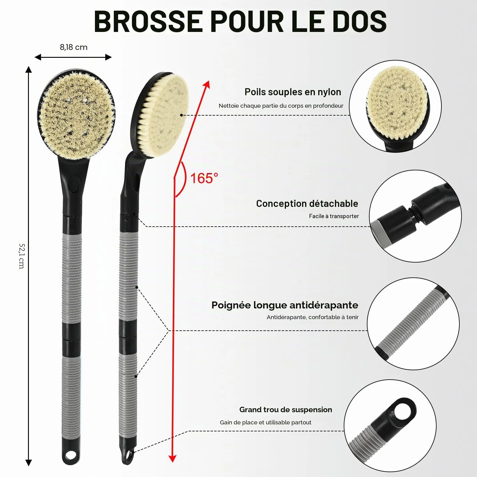 Brosse dos Douche Long Manche 55,1 cm Nylon Souple Exfoliation Corps