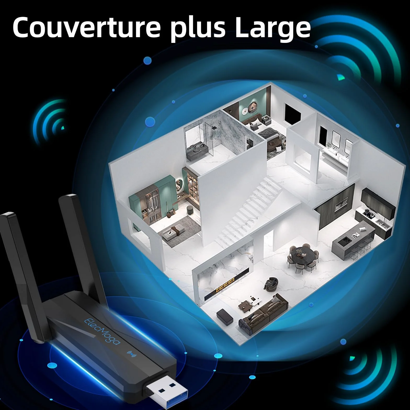 ElecMoga Adaptateur WiFi USB 3.0 AC1300 Mbps Double Bande 2.4GHz/5GHz 5dBi pour PC Windows Mac
