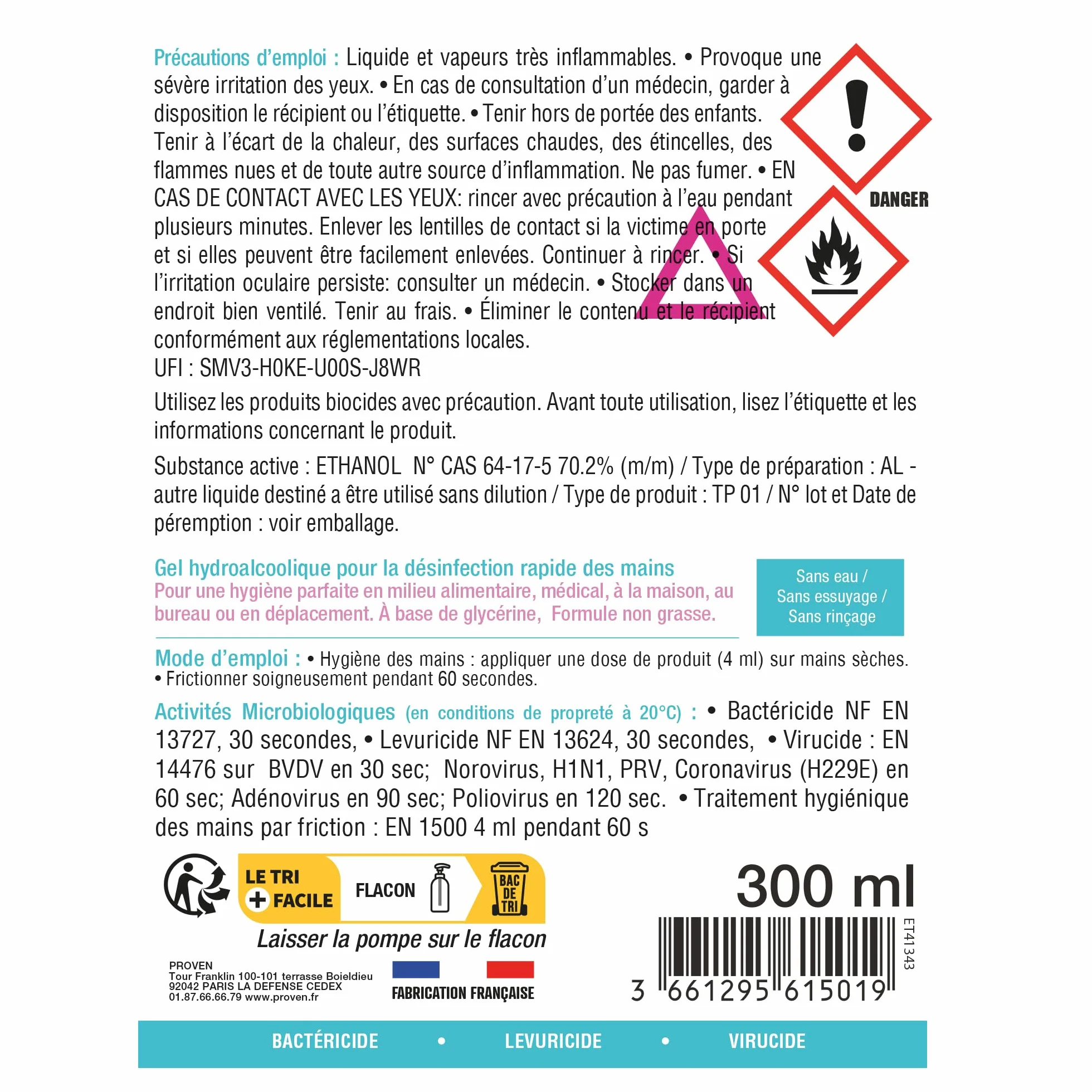 WYRITOL Gel Hydroalcoolique Inodore Désinfectant Mains Sans Rinçage Peaux Sensibles Glycérine 300 ml