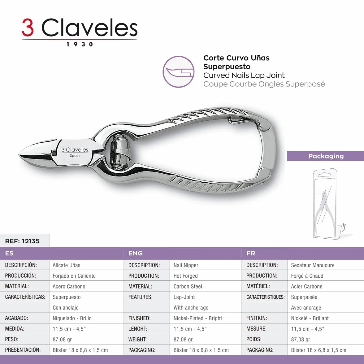 Pinces à ongles 3 Claveles 12135 inoxydable 11.5 cm