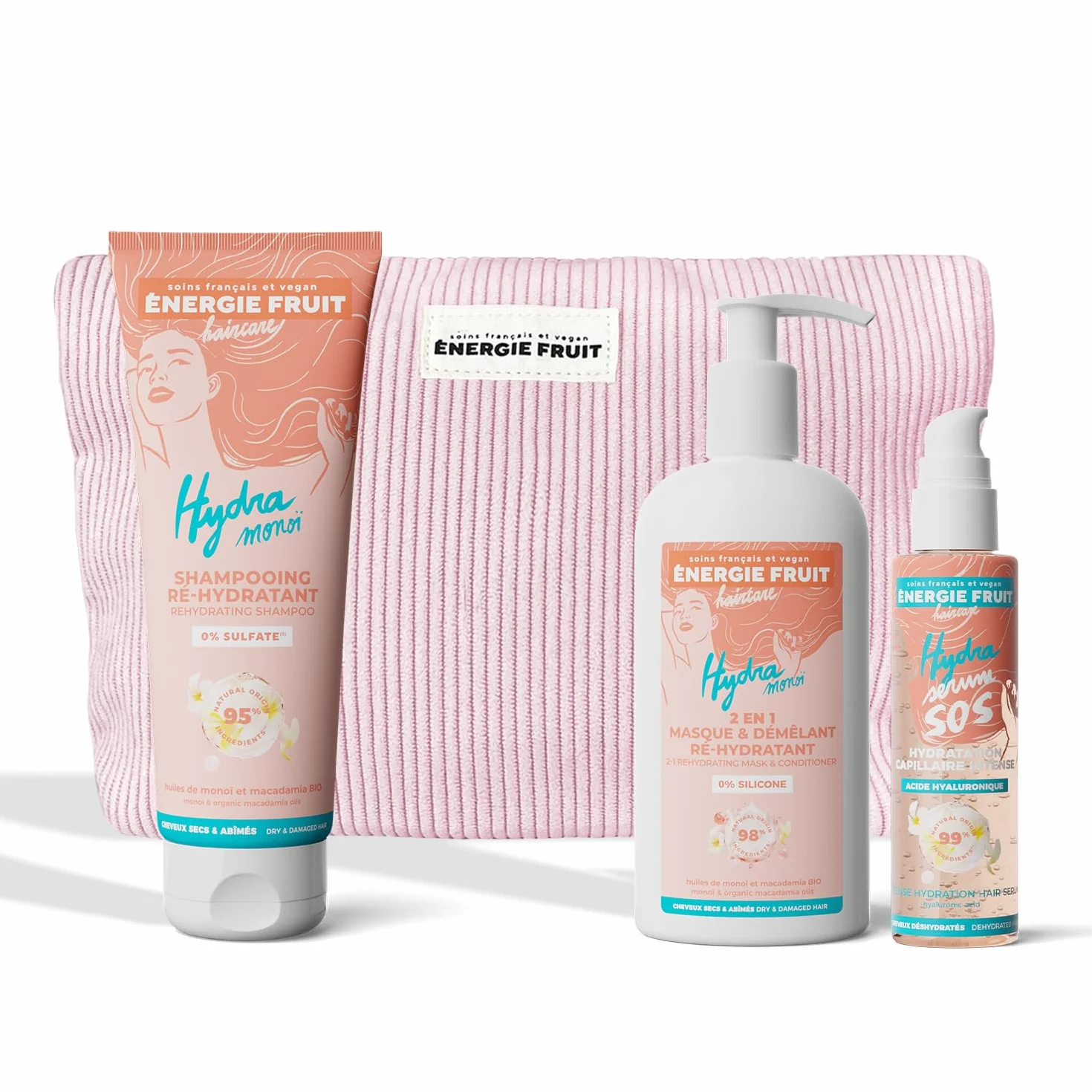 ENERGIE FRUIT Coffret cadeaux routine capillaire cheveux secs abîmés Monoi acide hyaluronique Trio shampooing réhydratant masque hydratant sérum protecteur Trousse offerte