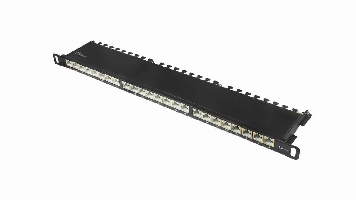 Good Connections® Panneau de Brassage - 19" - Montage sur Serveur - Cat. 6A, 500 MHz - Compatible 10 GIGABIT - 24 Ports - 0,5 HE - Blindage STP - Ouverture sans Outil - Noir Profond (RAL9005)