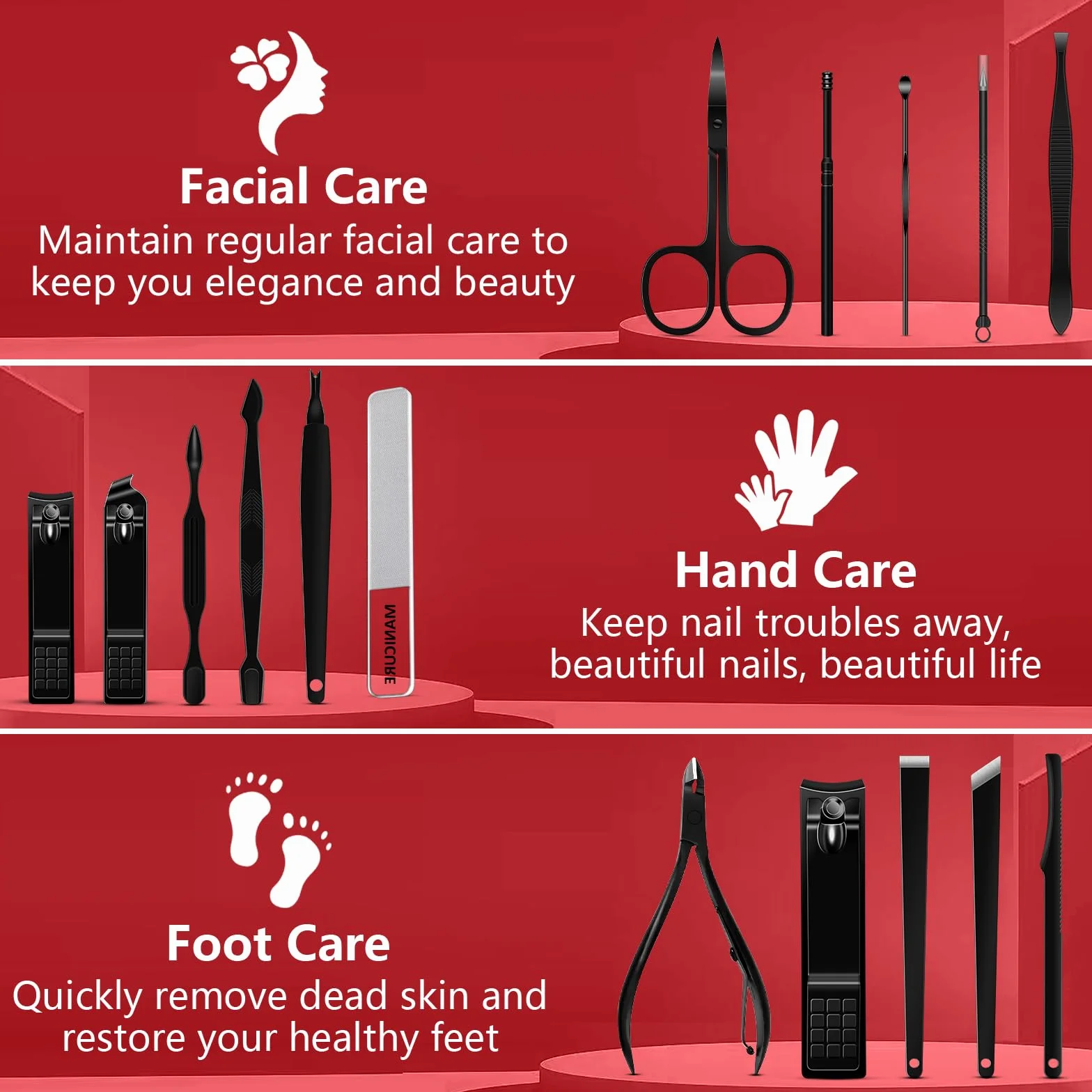 Kit Manucure Pédicure Acier Inoxydable 16 Pinces à Ongles Professionnel avec Étui Voyage Cuir Noir