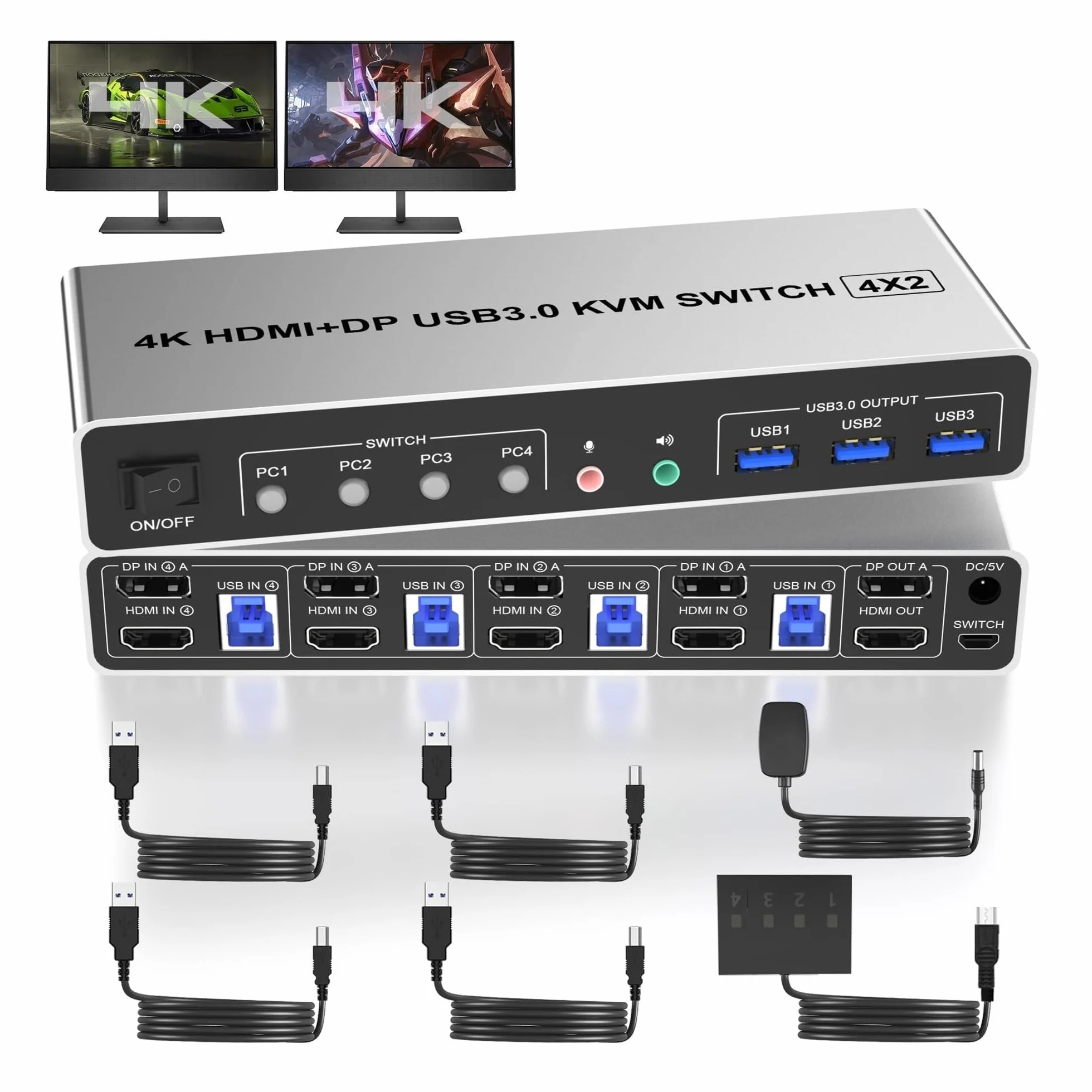 4K @ 60Hz USB 3.0 Displayport + KVM Switch 2 moniteurs 4 Ordinateurs, Ports Double Moniteur + DP commutateur de for PC pour Le Streaming de Jeux et l'enregistrement Multi-Sources