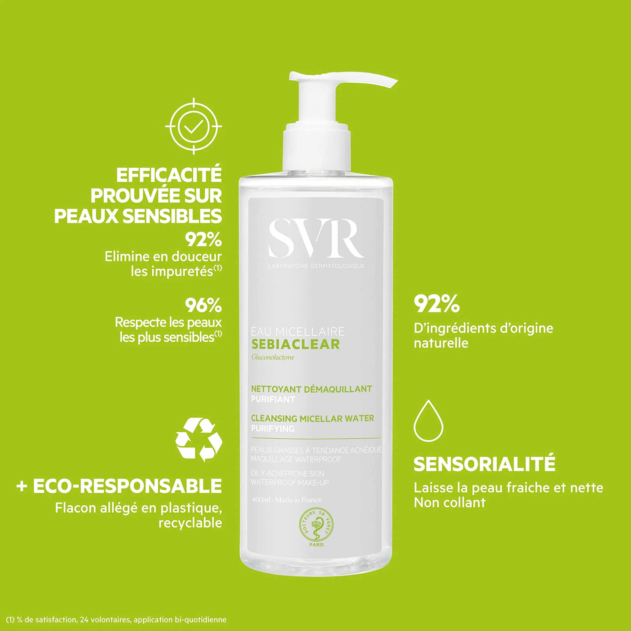 SVR Sebiaclear Eau Micellaire 400 ml – Eau nettoyante purifiante et matifiante pour peaux mixtes à grasses