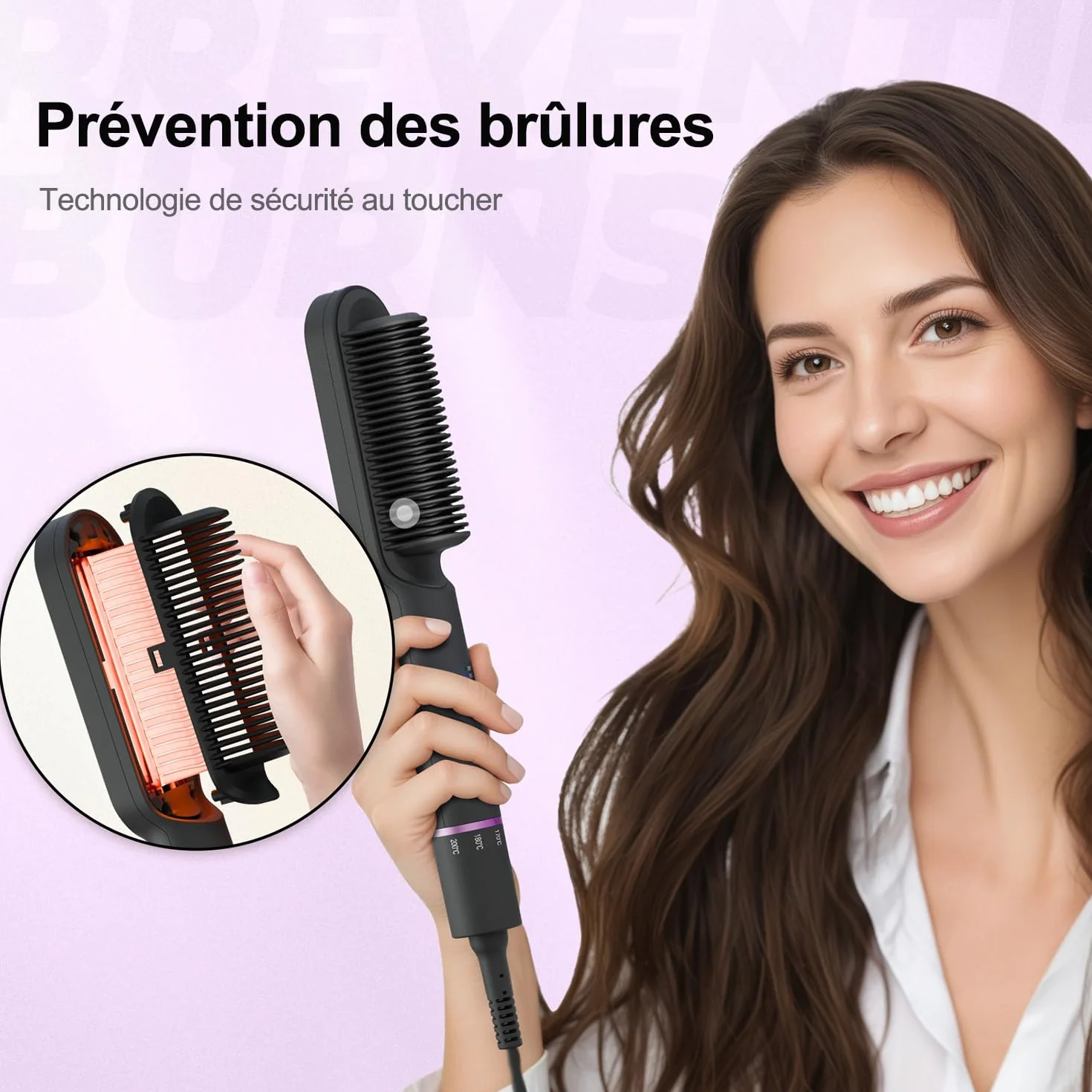 Brosse Lissante Chauffante Céramique avec Chauffage PTC 25s, 5 Températures Ajustables 140-200°C, Anti-Brûlure