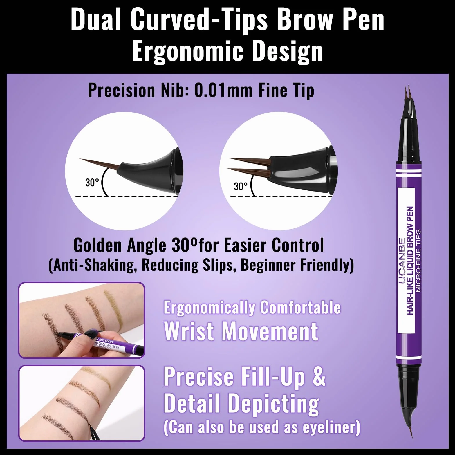 UCANBE Stylo Sourcils 2-en-1 Effet Microblading Waterproof Longue Tenue 24H Pointe Fourchette Précise Brun clair