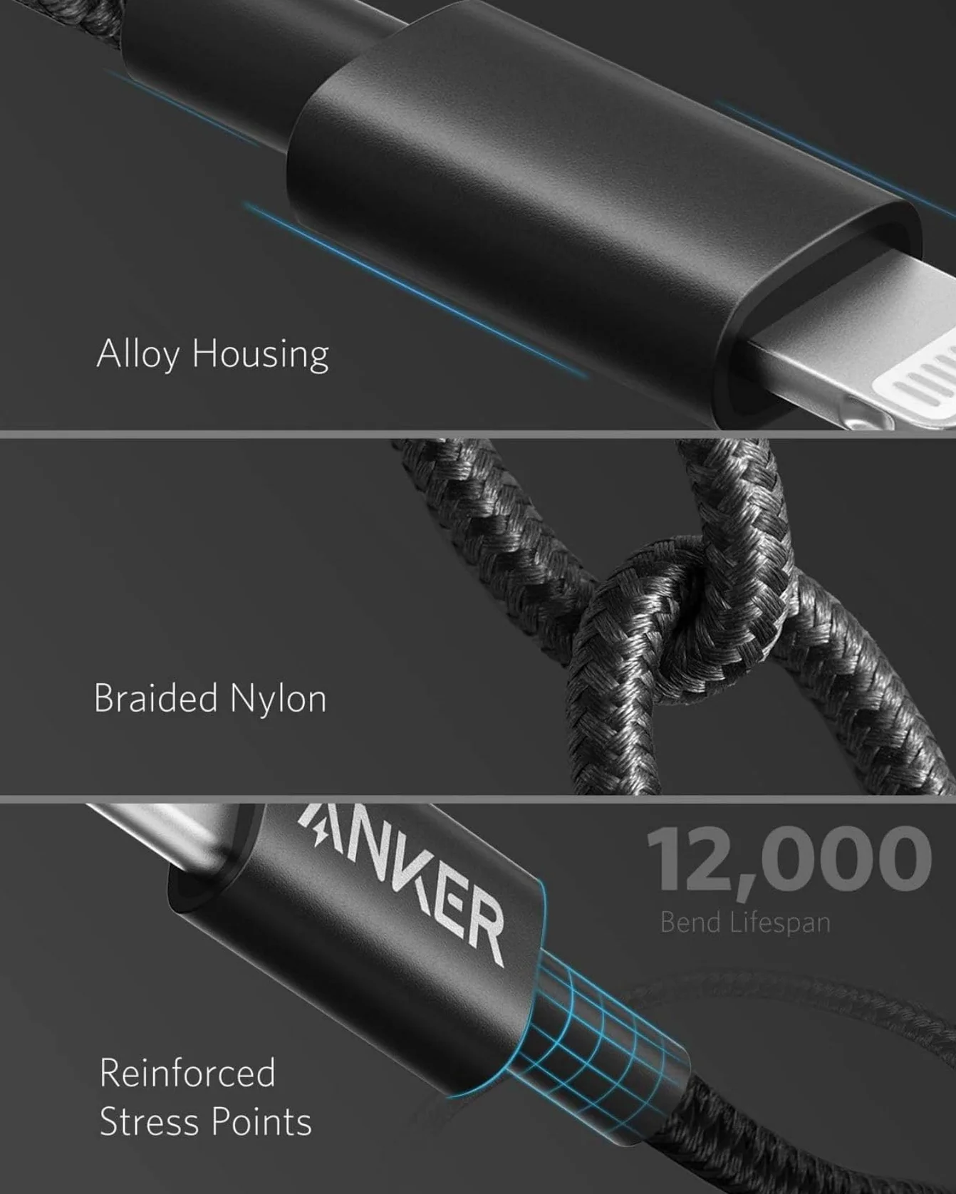 Anker Câble USB C vers Lightning MFi Nylon Charge Rapide Power Delivery 1m pour iPhone 14 Pro/X/XS/XR/8 Plus/AirPods Pro