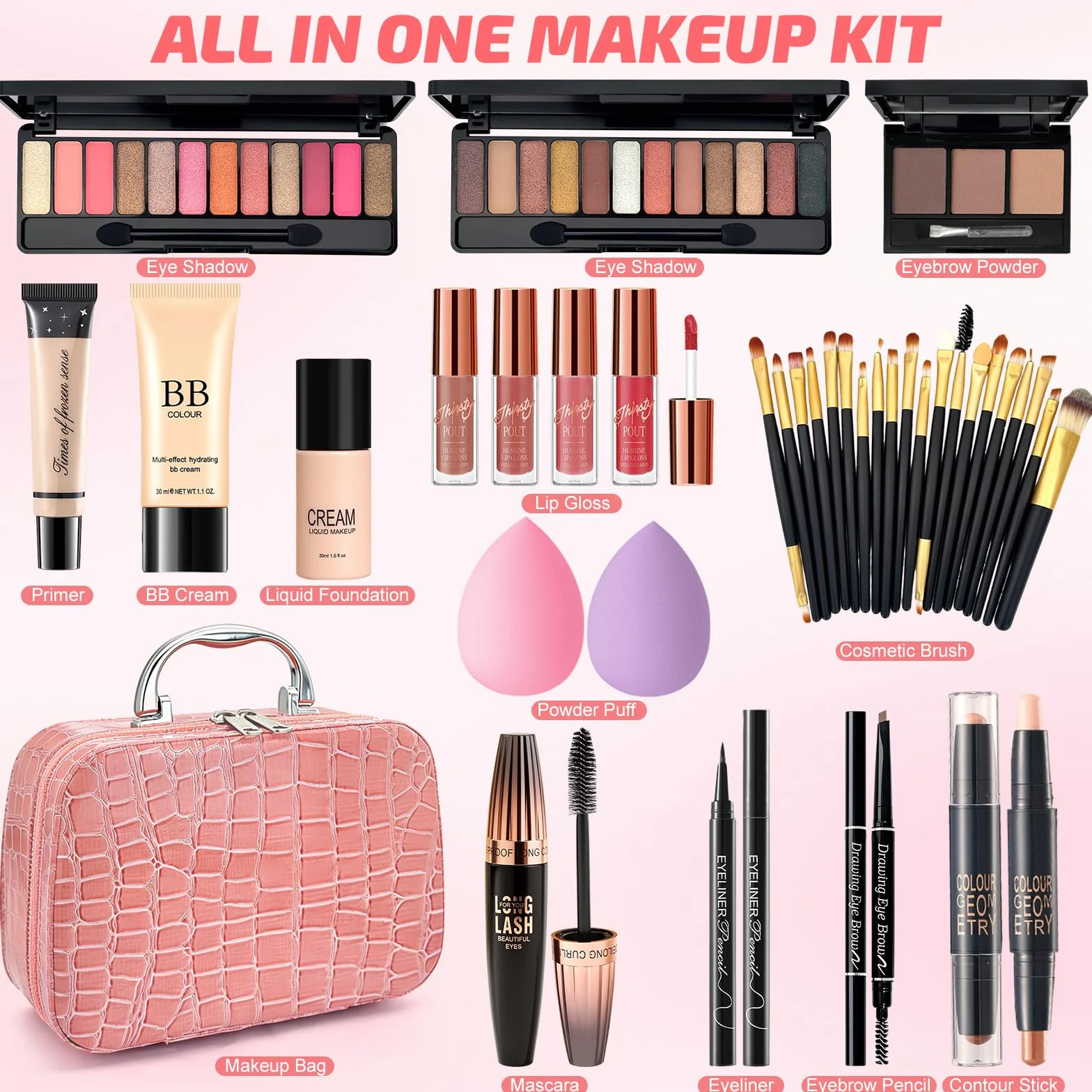 Coffret Maquillage Femme Kit Maquillage Ado Professionnel Complet avec Trousse BB Crème Fond Teint Mascara Palette Yeux Gloss