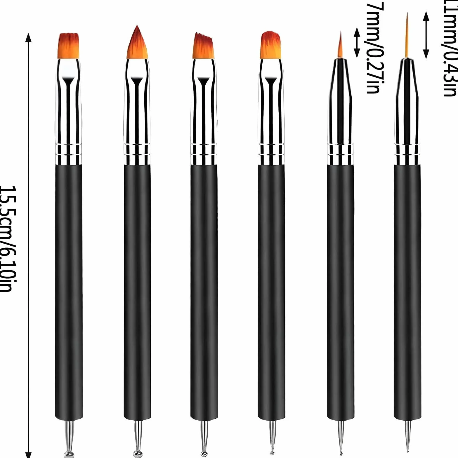 Kit de Manucure Nail Art avec 6 Pinceaux et 6 Stylos à Pointes Doubles (Noir)