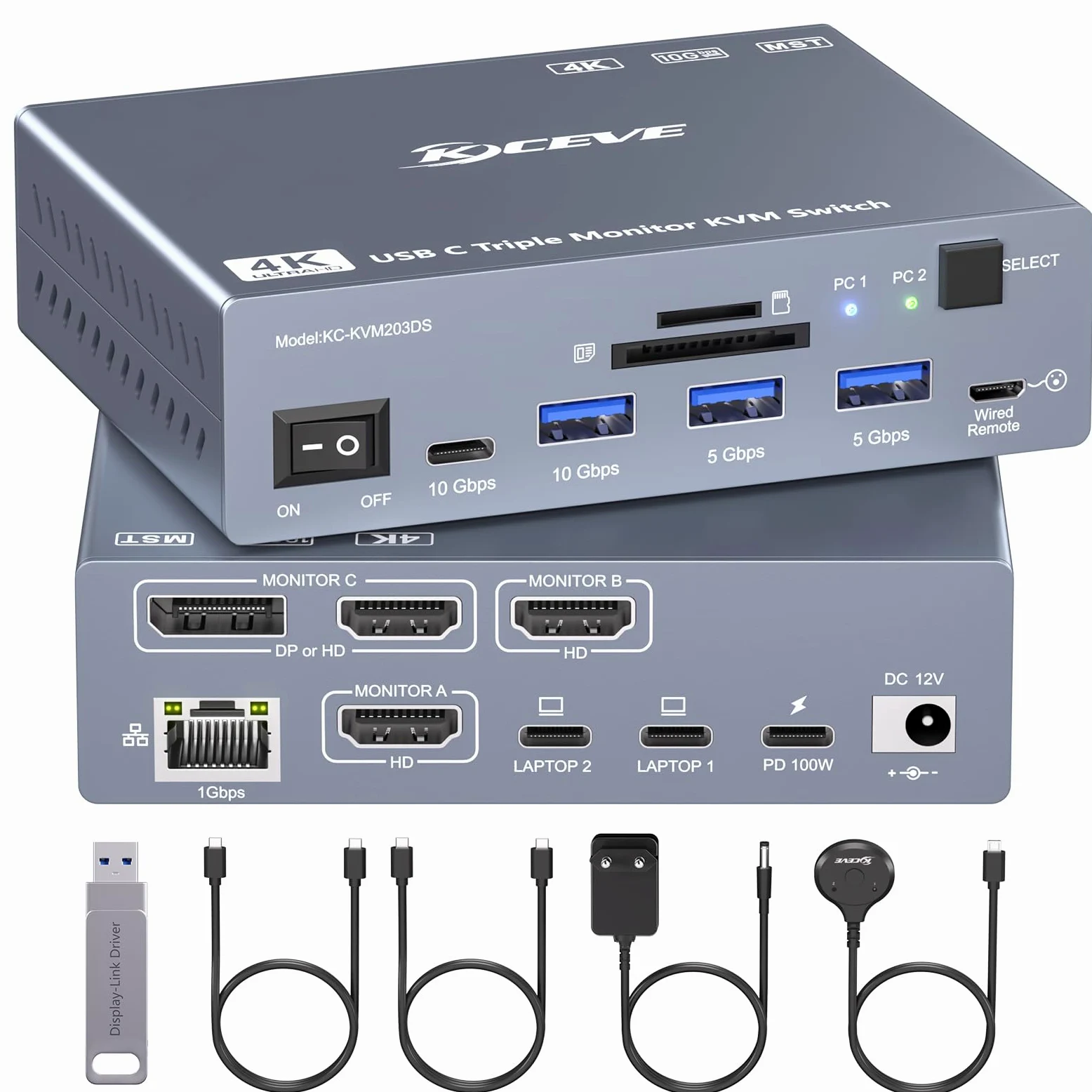 Thunderbolt 4 KVM Switch 3 Moniteurs 2 Laptops 4K@60Hz,USB C KVM Switch Displaylink Docking Station pour Windows Mac M1-M5, Affichages Triples étendus, PD 100W, USB 3.0, USB 3.2, SD/TF, Ethernet 1G