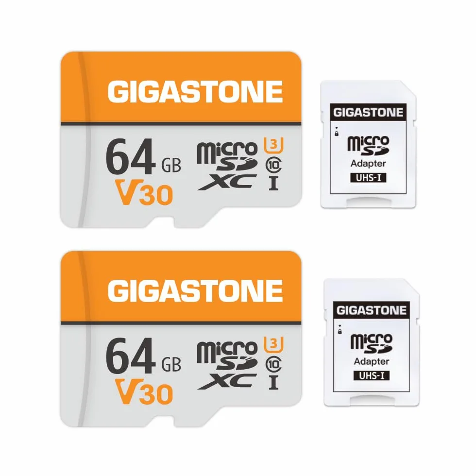 GIGASTONE Carte Micro SD 64 Go Lot de 2, V30 4K UHS-I Classe 10 95 Mo/s avec Adaptateur
