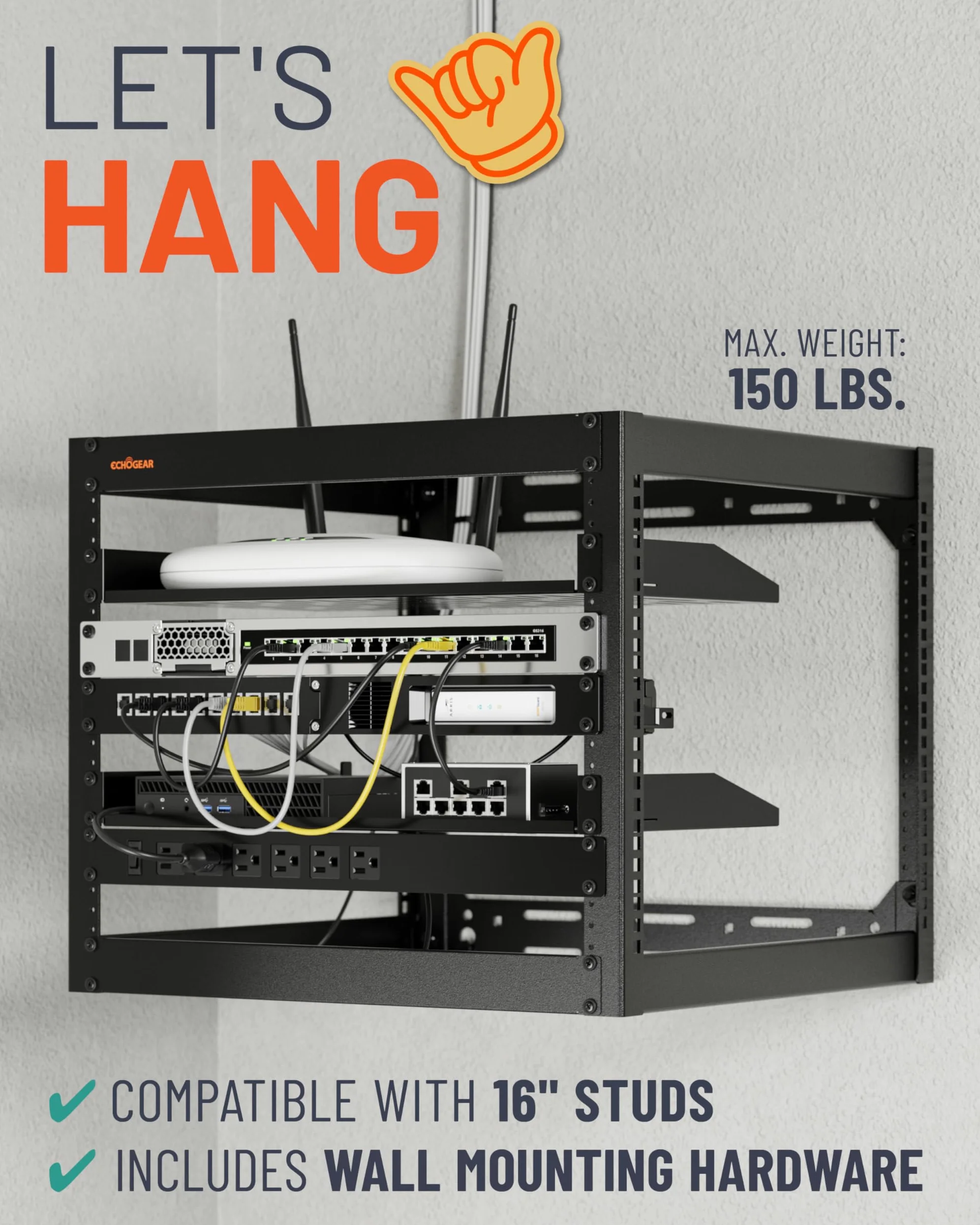 ECHOGEAR Rack réseau 10U – Fixation Murale Robuste à 4 Montants pouvant contenir Tous Vos équipements réseau et AV – Cadre Ouvert avec 2 étagères ventilées 1U et matériel de Montage