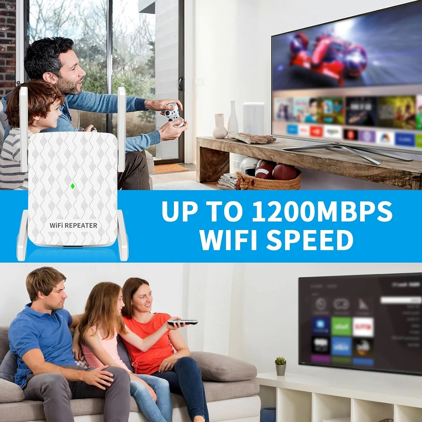 Amplificateur WiFi ultraxtended 1200 Mbps, répéteur WiFi double bande 5 GHz et 2,4 GHz – avec port Ethernet, 4 antennes, configuration rapide, amplificateur de signal sans fil domestique