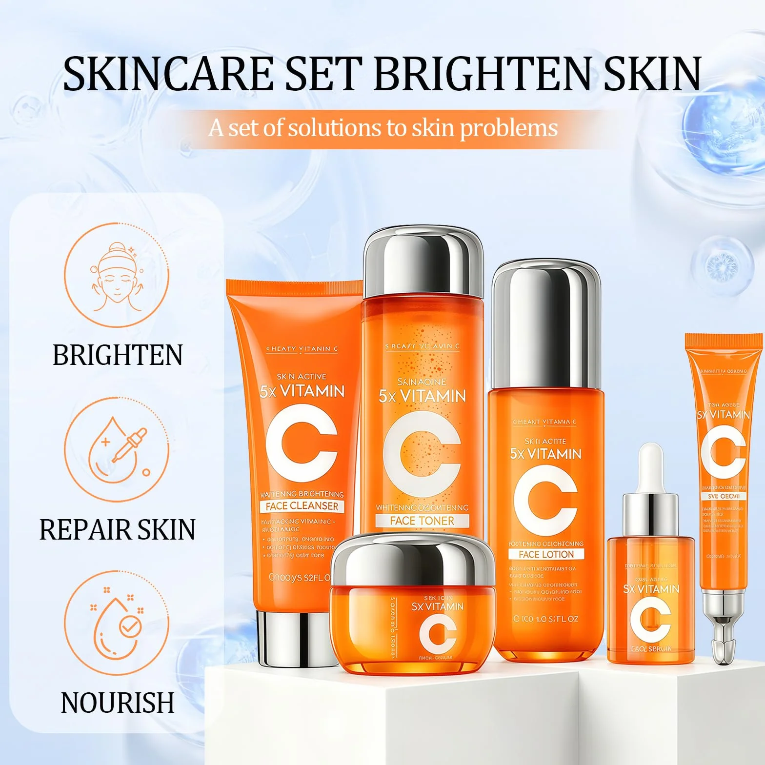 Coffret Soin Visage Vitamine C, Routine Complète avec Nettoyant, Tonique, Sérum, Contour des Yeux, Lotion & Crème
