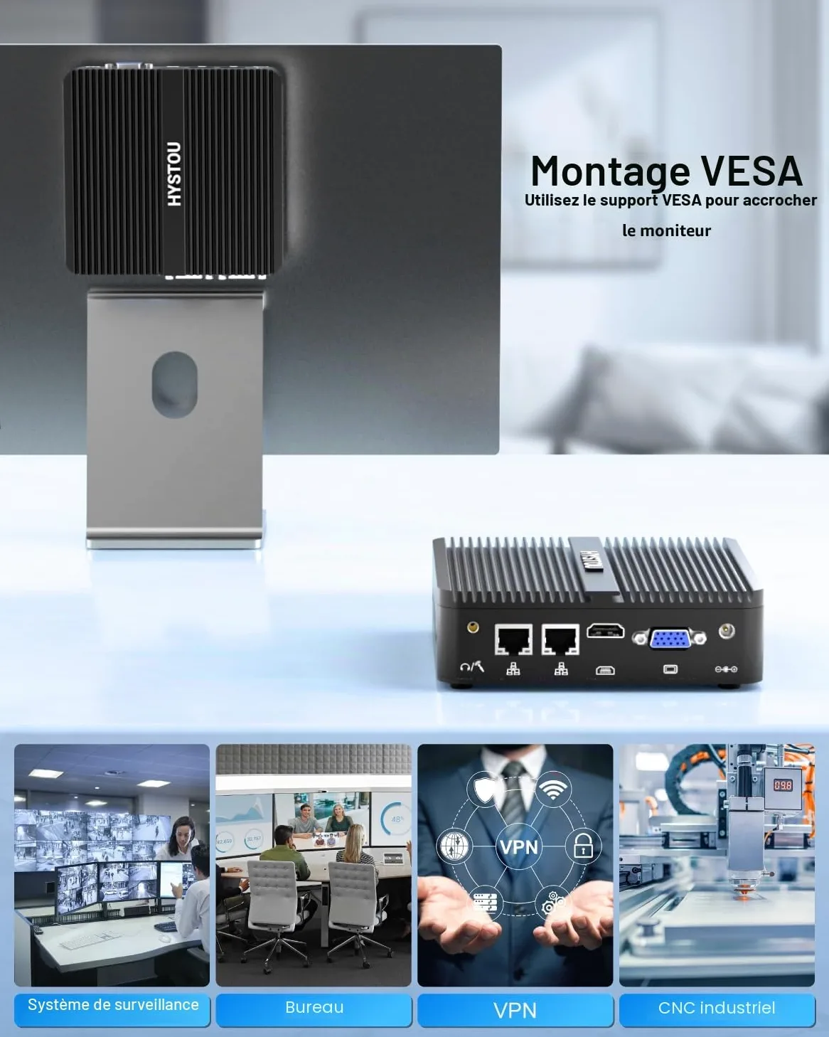 HYSTOU Mini PC Fanless Industriel 8Go de RAM 128Go SSD J5005 Fanless Mini PC per Industrial
