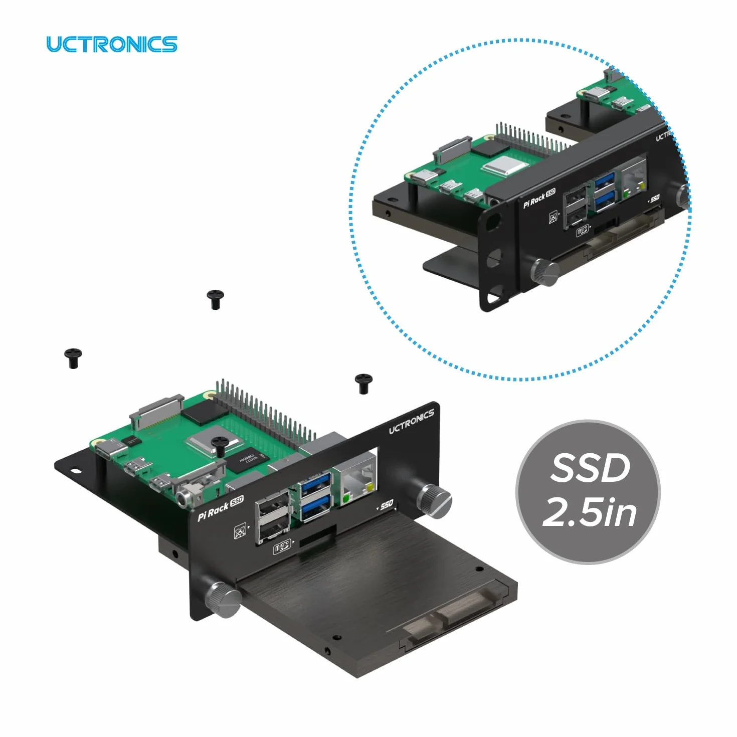 UCTRONICS Support en rack 1U 19" pour Raspberry Pi avec supports de montage SSD, support avant amovible