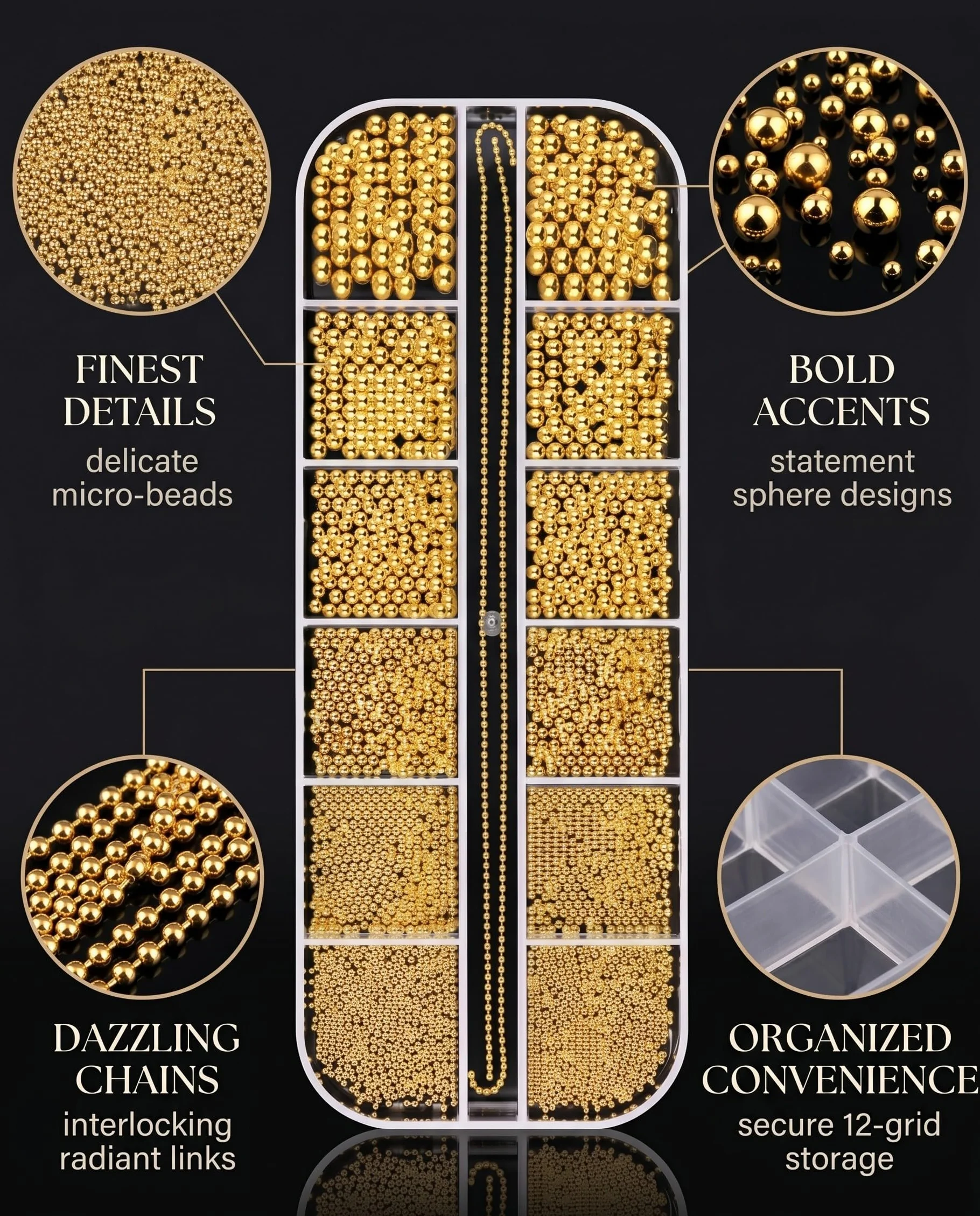 Boîte Perles Acier Doré pour Ongles, Coffret 12 Compartiments 0.6-2.0mm + Chaînes Or, Assortiment Multi-Tailles Nail Art 3D