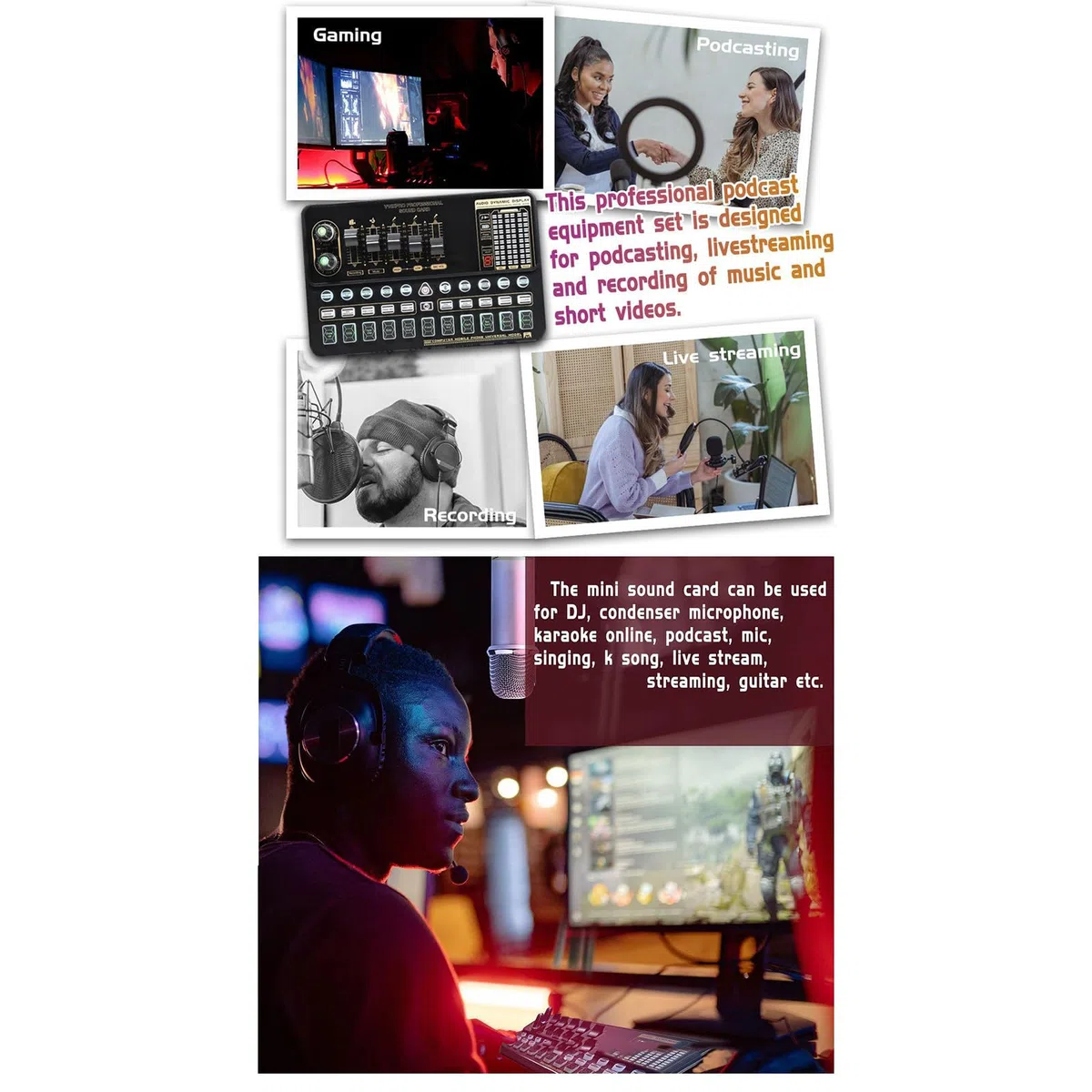 Carte son en direct Enregistrement en studio Carte son Mélangeur de microphone Bluetooth Changeur de voix Streaming en direct Mélangeur de son Podcast Karaoké Accueil