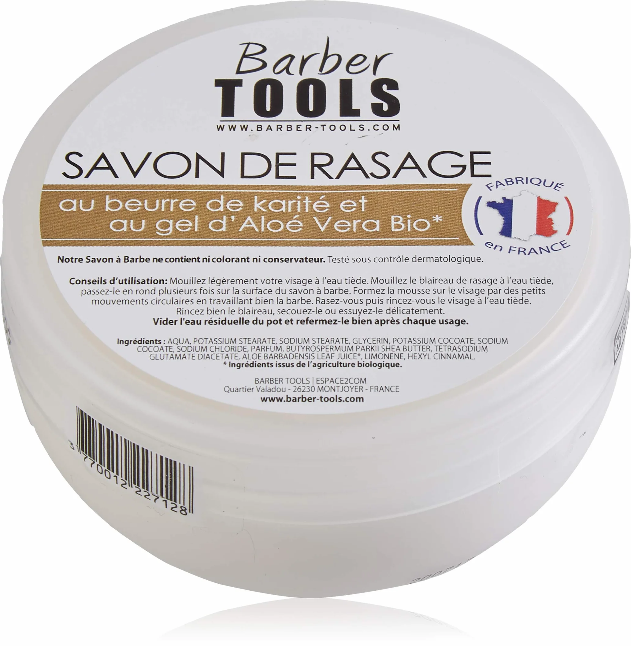 Savon de rasage 150ml Aloé Vera Bio Beurre de Karité Fabriqué en France BARBER TOOLS