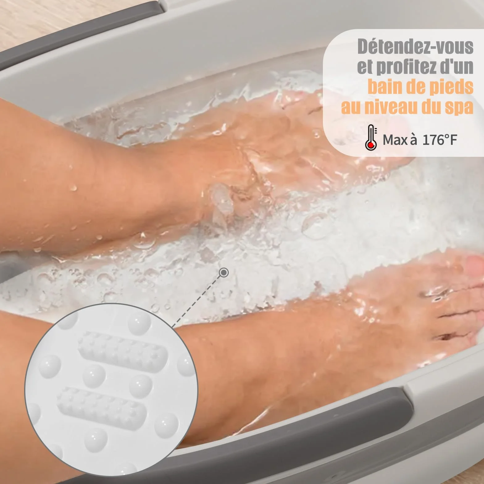 DEANIC Bain de Pied Plié, Bassine Pied avec Poignée, Thalasso Pied 8 Rouleaux Massage 54 Bosses (Gris)